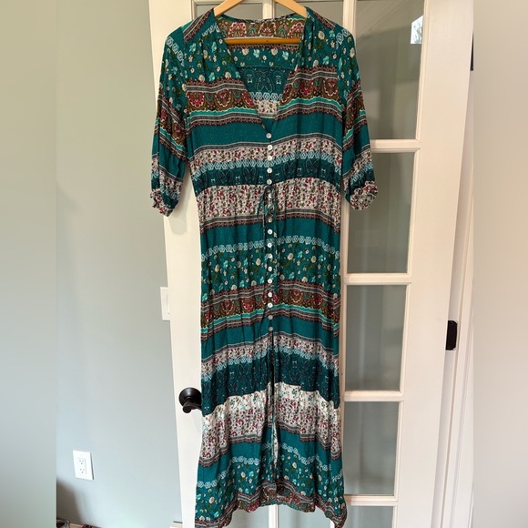 Boho Teal Patterned Button-Down Midi Dress | M - Picture 2 of 7